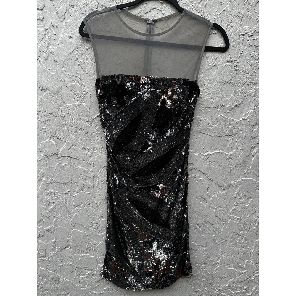 Jovani Black Silver Sequin Sheer Mesh Yoke Mini Dress Size 0 Sleeveless Cocktail